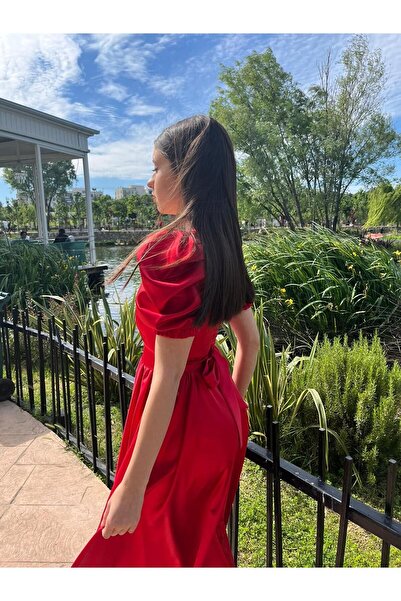 sağlam tasarım Kırmızı Asetat Saten Şık Abiye Elbise