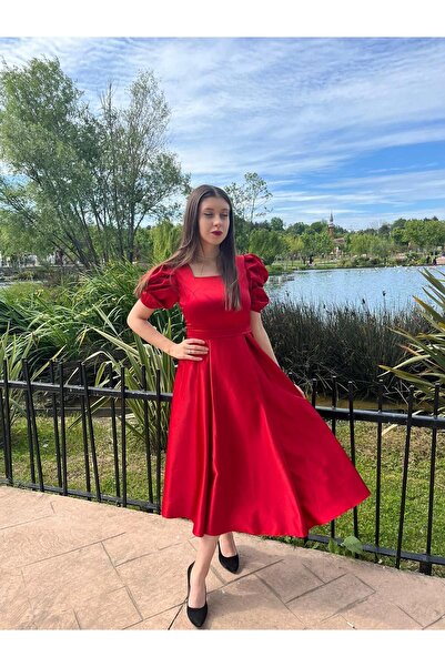 sağlam tasarım Kırmızı Asetat Saten Şık Abiye Elbise