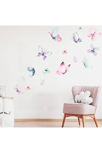 KT Decor Soft Renk Kelebekler Ve Çiçekler Modern Duvar Sticker