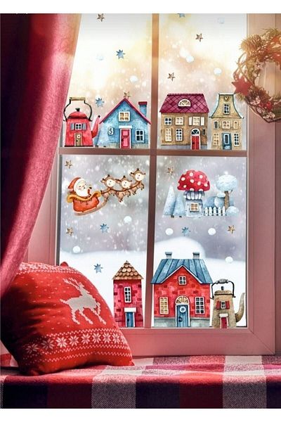 Kt Grup Set de autocolante decorative pentru perete din sticlă pentru copii, cu tematică de Crăciun