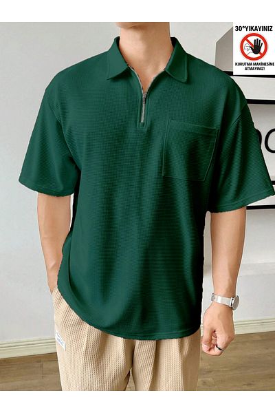 GENIUS STORE Ανδρικό μπλουζάκι με βάφλα με φερμουάρ Nefti με λαιμόκοψη