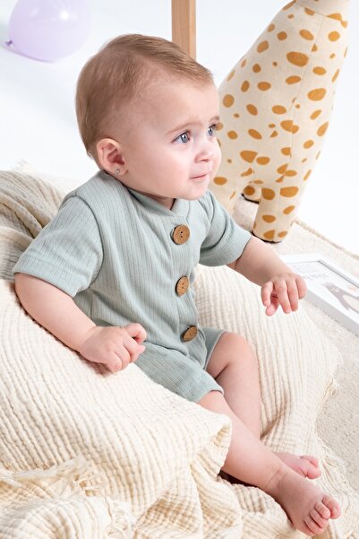 Mai Perla Short Sleeve Wooden Buttoned Organic Jumpsuit Baby Set
