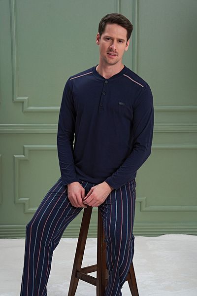 MEBA Navy Blue Combed Cotton Pajama Set - Long Sleeve Collar, Buttoned Dowry, Seasonal 1024