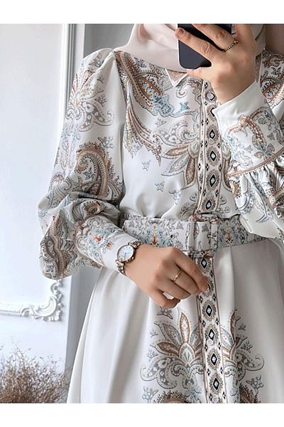 TRND Rochie lungă din bumbac - model alb, guler cămașă și detaliu curea