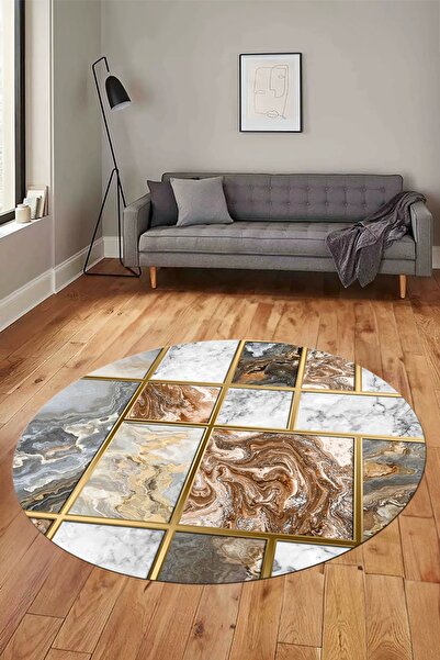 EY HOME سجادة غرفة معيشة دائرية قابلة للغسل بتصميم أنيق ونمط رخامي وقاعدة رقم...