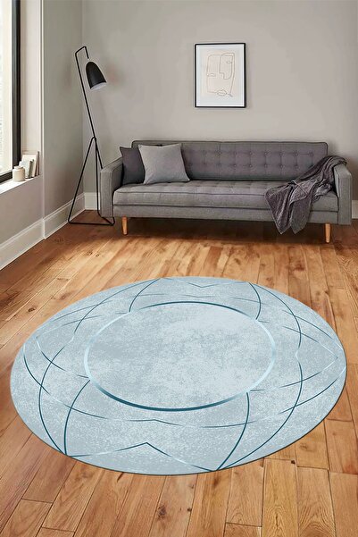 EY HOME Baskılı Kaymaz Yıkanabilir Zarif Modern Yuvarlak Mutfak Halısı Salon Halısı, Y-MODERN-62-MAVİ,