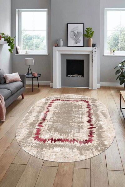 EY HOME Modern Sade Desenli Dijital Kaymaz Taban Yıkanabilir Oval Yolluk Salo...