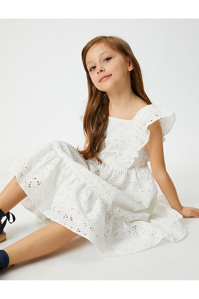 Koton Dress Midi Scallop Embroidered Ruffles Square Collar Cotton Lined