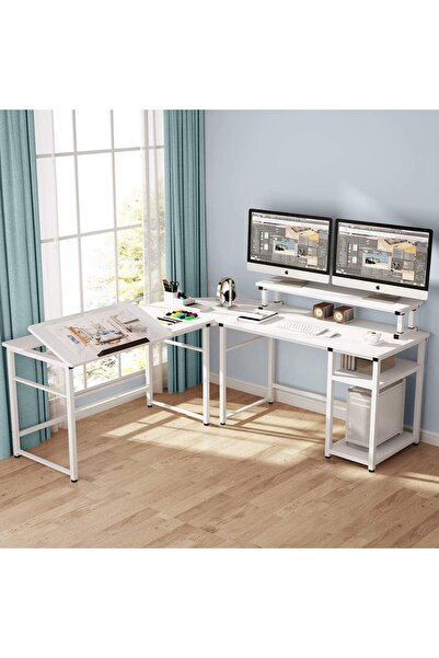 Zizuva Tasarım Beyaz L Model Monitör Raflı Çizim Ve Çalışma Masası Modeli