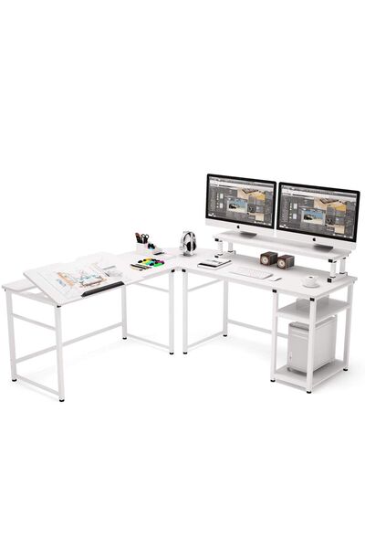 Zizuva Tasarım Beyaz L Model Monitör Raflı Çizim Ve Çalışma Masası Modeli
