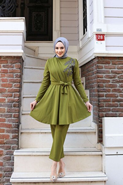 marwella Ulyana Taşlı Takım - Yağ Yeşili