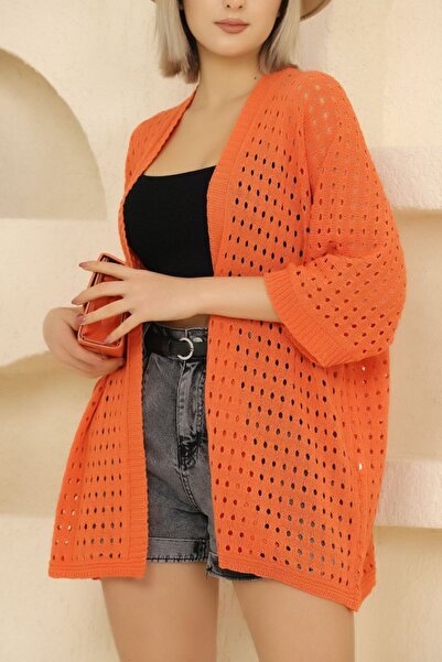 ALCHON Summer Midi Thin Knitwear Cardigan - U Shawl Collar, Half Sleeve, Openwork Hole