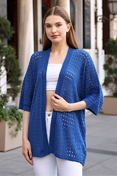 ALCHON Summer Midi Thin Knitwear Cardigan - U Shawl Collar, Half Sleeve, Openwork Hole