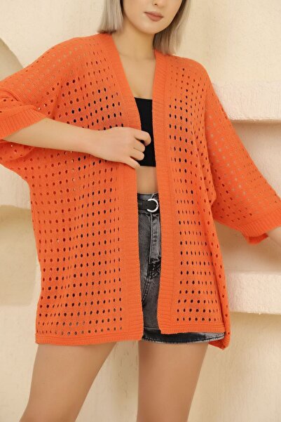 ALCHON Summer Midi Thin Knitwear Cardigan - U Shawl Collar, Half Sleeve, Openwork Hole