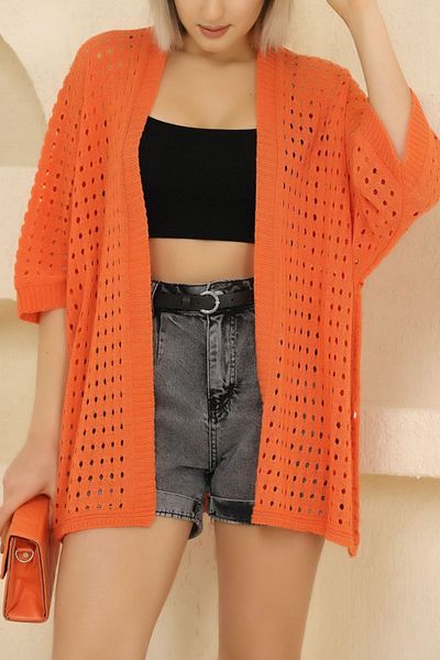 ALCHON Cardigan tricot subțire midi de vară - guler șal U, jumătate de mânecă, gaură ajurata