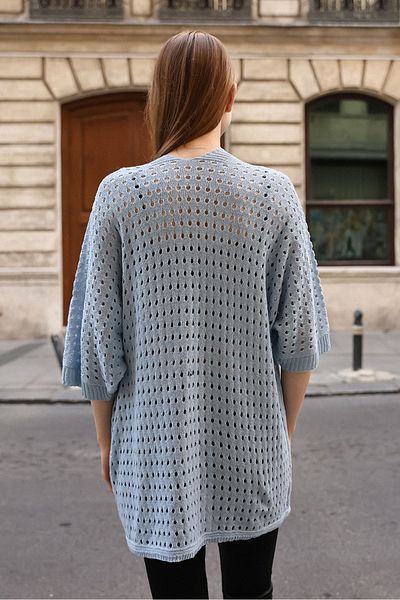 ALCHON Cardigan tricot subțire midi de vară - guler șal U, jumătate de mânecă, gaură ajurata