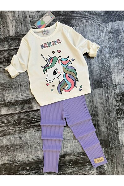 Genel Markalar Kız çocuk unicorn alt üst penye fitilli tayt takım