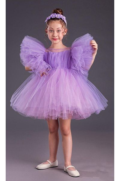 Little Pumpkin Puffy Sleeves Crowned Girl's Evening Dress with Tutu Skirt