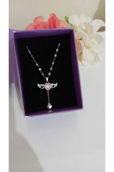 HKN AVM ACCESSORİES Kadın Pembe Kristal Melek Kanatlı Kalpli 316l Çelik 40-45...