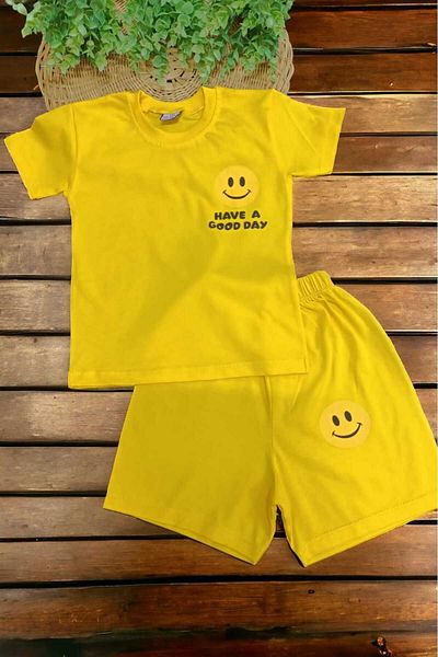 dinamik çocuk Unisex Children's Smiley Face Printed Top and Bottom Set of 2 Summer Thin