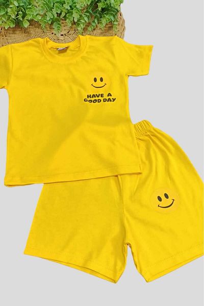 dinamik çocuk Unisex Children's Smiley Face Printed Top and Bottom Set of 2 Summer Thin