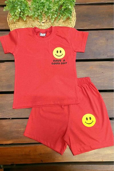 dinamik çocuk Unisex Children's Smiley Face Printed Top and Bottom Set of 2 Summer Thin