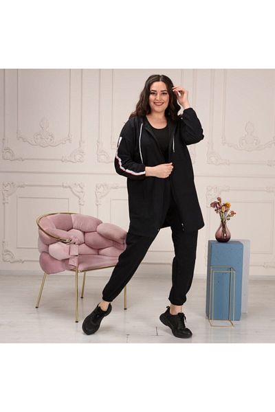 BAV Butik Ayvitrin Plus Size Tomy Zippered Hooded Tracksuit Set Black