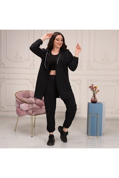 BAV Butik Ayvitrin Plus Size Tomy Zippered Hooded Tracksuit Set Black