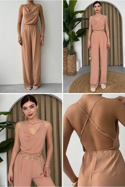 MELEK KOSTAK Kadın Bej Askılı Degaje Yaka Aerobin Çapraz Sırt Dekolteli Fermu...