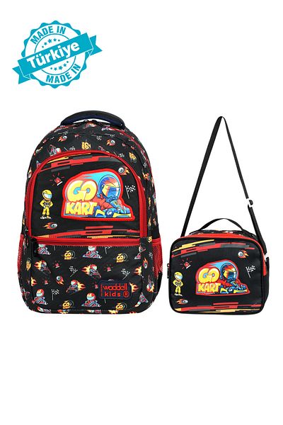Waddell Rucsac pentru școală primară cu model de broderie din piele Go Kart cu licență pentru băiat și geantă de prânz