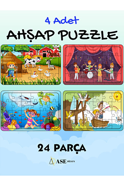 ASE DİZAYN Ahşap 24 Parça Çocuk Puzzle 4 Adet tiyatro,sandal,çiflik,deniz