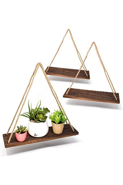 WD PRİME 3 lü Dekoratif Ahşap Halatlı Duvar Rafı Kitaplık & Çiçeklik Uçan Raf