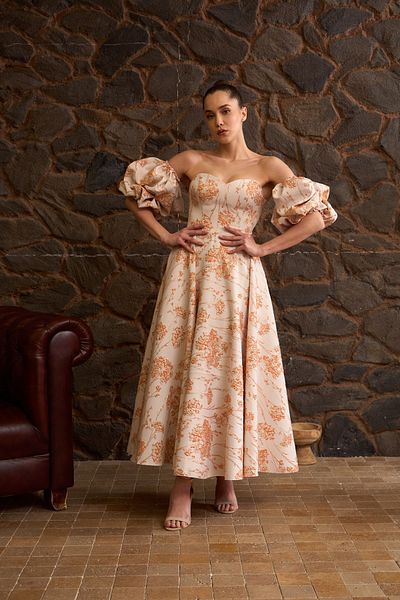 Lenta Moda Orange Patterned - Brocade Fabric Midi Evening Dress and Engagement Dress
