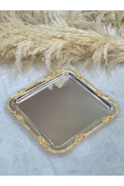 ZÜCACE DEKOR BORDÜRLÜ 22CM KARE GÜMÜŞE GOLD TEPSİ DAMAT KAHVE TEPSİSİ