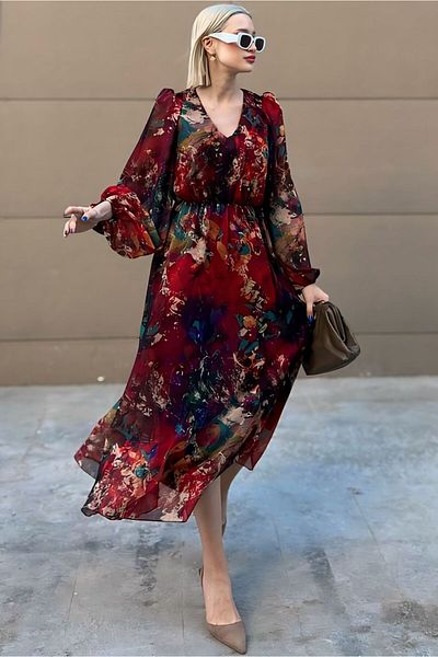 şems fashion Lined Chiffon Fabric - Long Dress with Elastic Waist and Belt