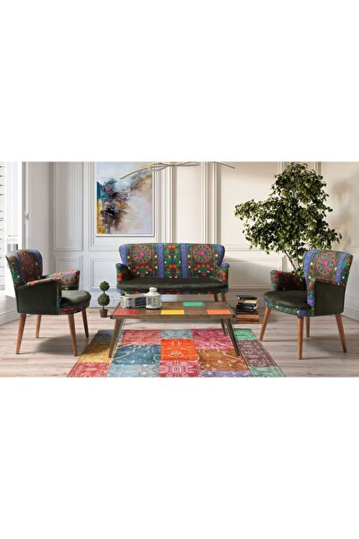 mobilyabazari Etnik Desen Yeşil 2 1 1 Sehpalı Çay Seti (BALKON, SALON, OFİS, ...