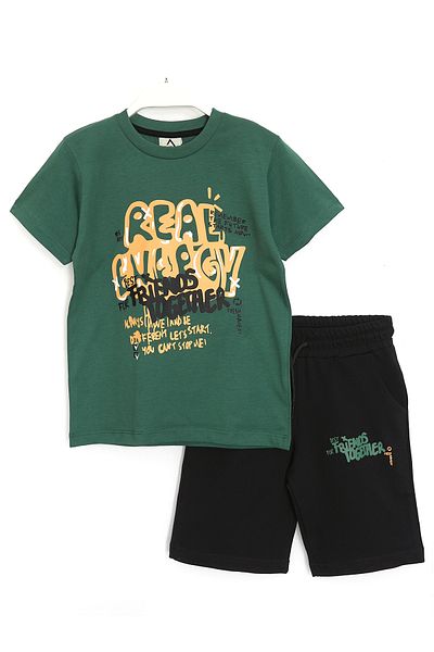DobaKids Boy's Slogan Printed Shorts and T-Shirt Set - Green Black Age 4-11