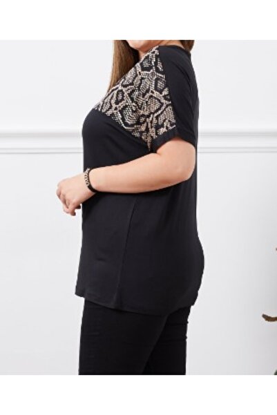 ZY BUTİK Plus Size Black Brown Patterned Crew Neck Blouse with Chest and Sleeve Detail