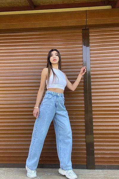 dressmix Σούπερ ψηλόμεσο εύθραυστο Lycra Palazzo Jeans - 90s Blue Snow Washed Loose Leg