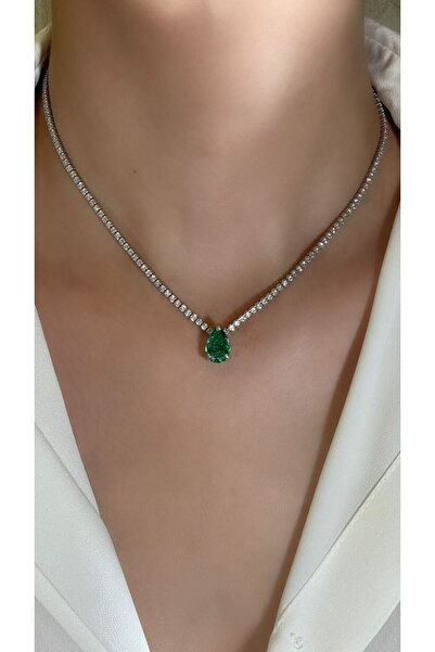Luna Argento Zümrüt Yeşili Özel Taş Damla Form Su Yolu Kolye 925 Ayar Gümüş