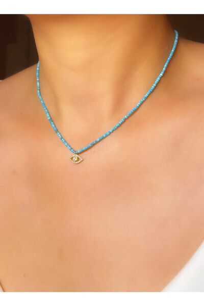Luna Argento Jewelry Turkuaz Doğal Taşlı Minimal Göz Kolye 925 Ayar Gümüş