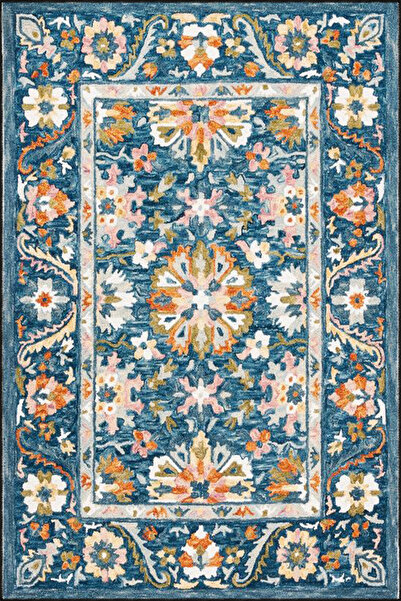 Rugs Modern Halı Mavi Gri Çiçekli Çerçeveli Desenli Dekoratif ve Dokuma Taban...