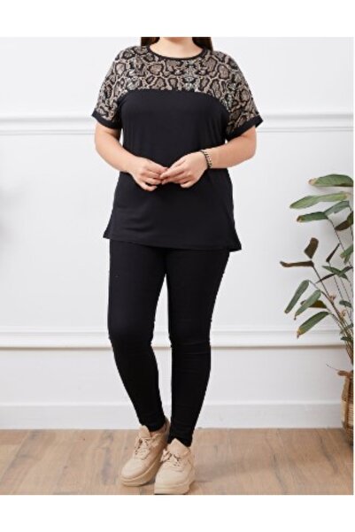 ZY BUTİK Plus Size Black Brown Patterned Crew Neck Blouse with Chest and Sleeve Detail