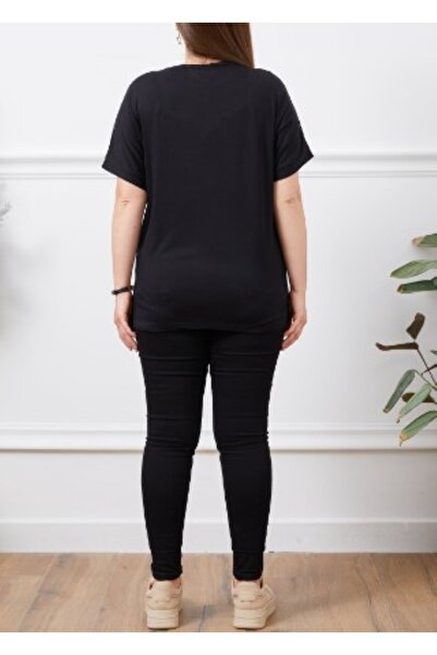 ZY BUTİK Plus Size Black Brown Patterned Crew Neck Blouse with Chest and Sleeve Detail