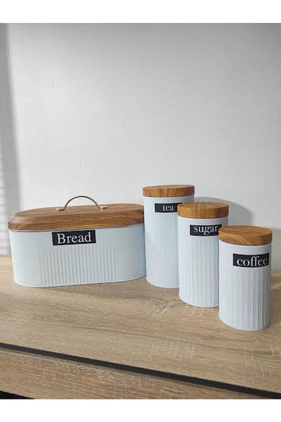 MorzaHome Bamboo Lid Look Metal Bread Bowl and 3-Piece Jar Set-white