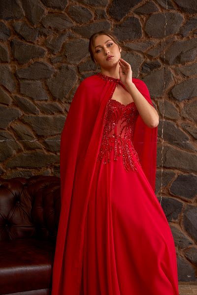 Lenta Moda Red Chiffon Evening Dress - Evening Gown with Lace and Cape
