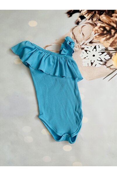 Mini Kids Baby بدلة قطعة واحدة بحزام كتف واحد مكشكش باللون الأزرق للفتيات الص...