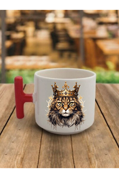 lili hediyelik طقم كوب وكوب سيراميك مطبوع عليه قطة الملكة بلون القهوة - هدايا