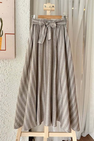 Ceylan Otantik Bitter Brown Striped Organic Linen Skirt