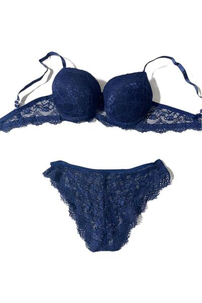irem içgiyim Lacivert- Dantelli Sütyen Takımı Dolgulu Destekli
